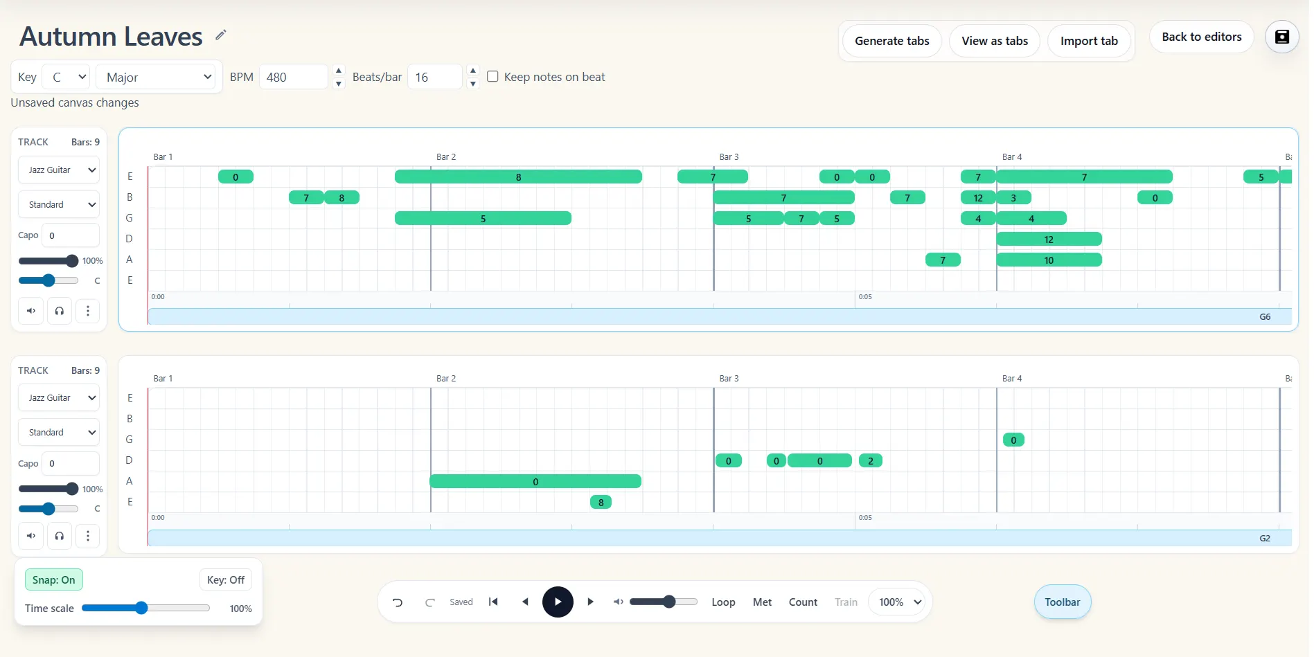 Guitar tab editor workspace