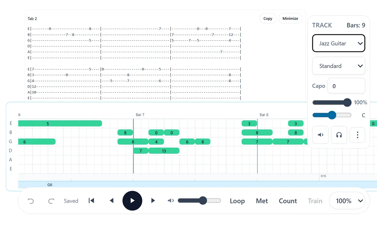 Guitar tab practice and playback tools